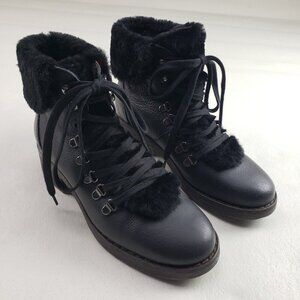 Boden Shearling Lined Leather Boot Womens 8.5 40 Black Lace Up Ankle Winter